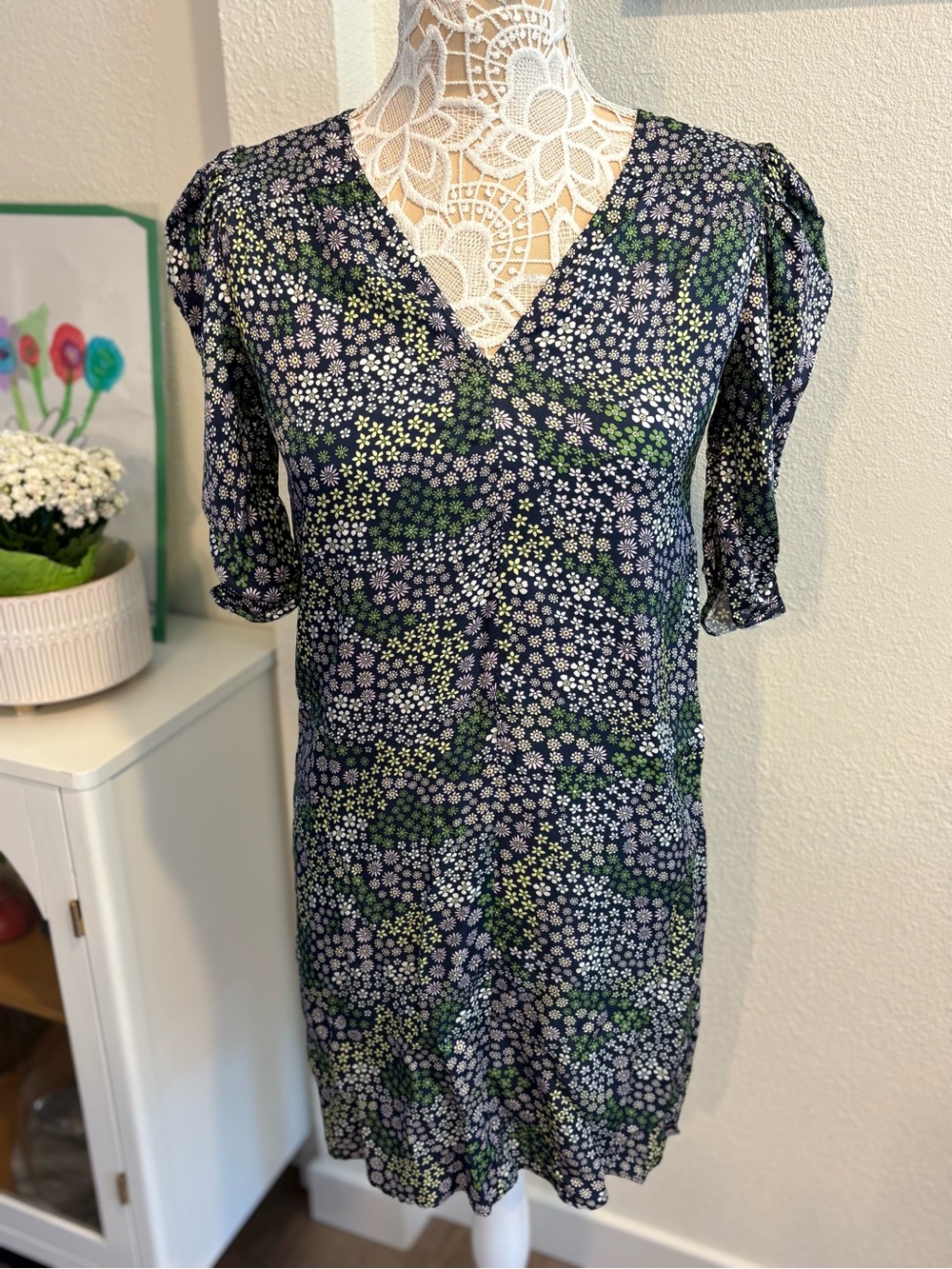 See By Chloe Navy Floral Mini Dress with Green and White Accents- size 4